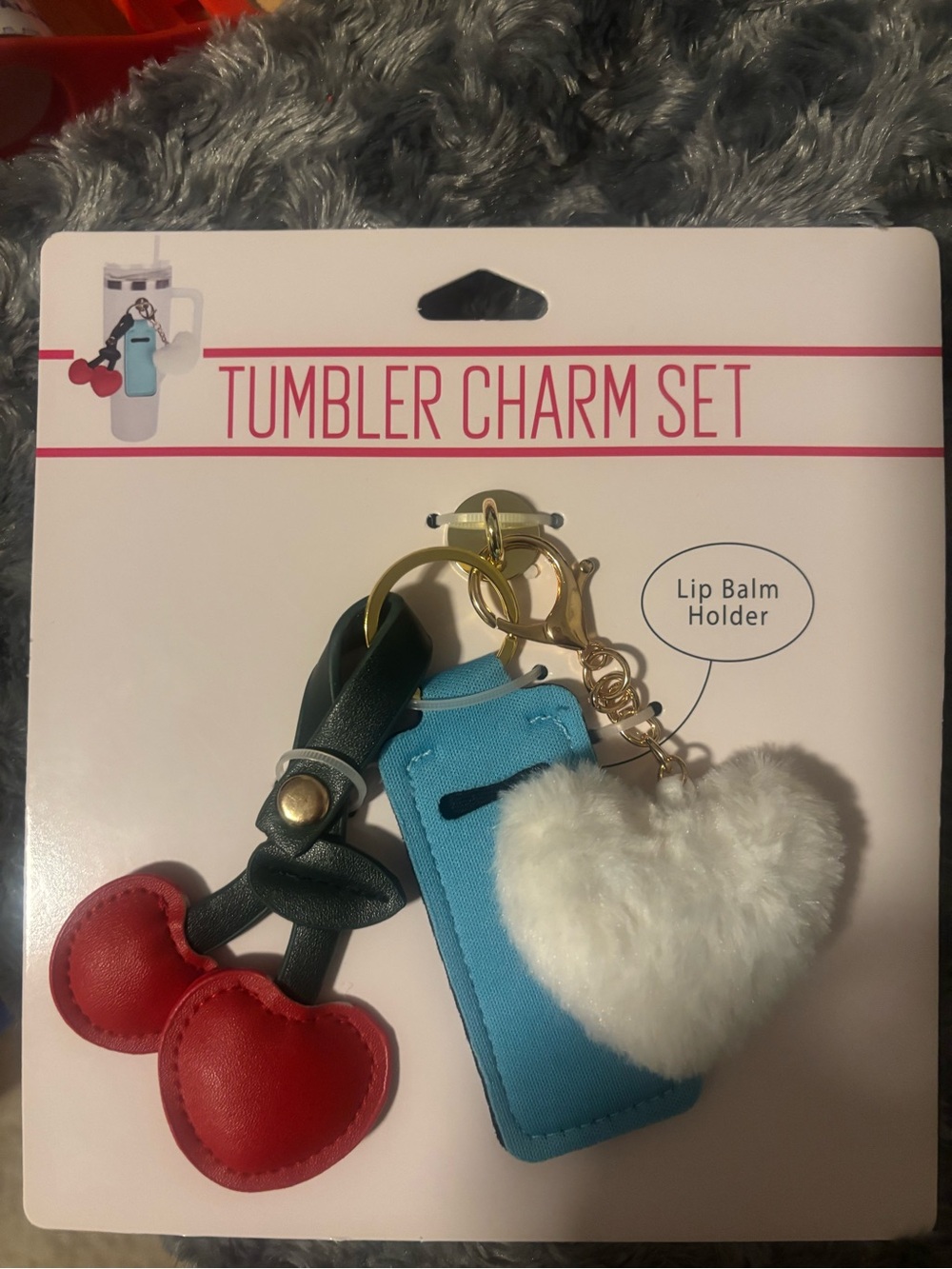 Tumbler Charm Set with Cherries , Blue Lip Balm Holder & White Fuzzy Heart